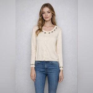 Ice Size M Cream Cardigan with Floral Embellishments Rhinestone Beaded Angora